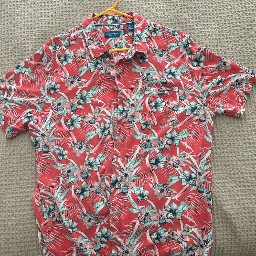 Caribbean Joe Red and White Casual Button Down Shirt